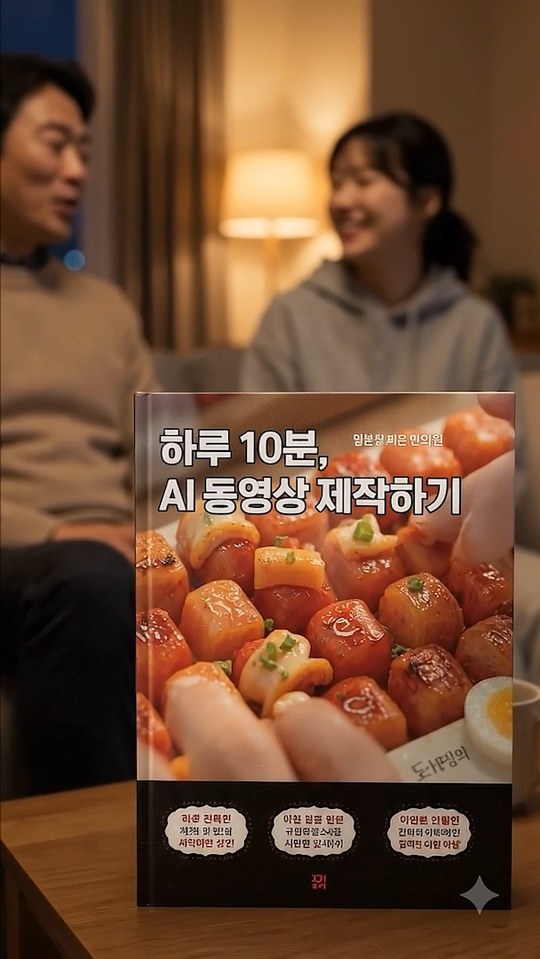 구글 플로우 에이전트로 만든 책 홍보 쇼츠의 마지막 장면, 테이블 위에 놓인 하루 10분 AI 동영상 제작하기 책