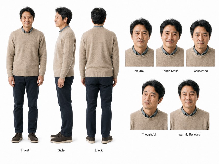 챗GPT로 만든 아빠 캐릭터 시트, 앞모습 옆모습 뒷모습과 표정 다섯 가지