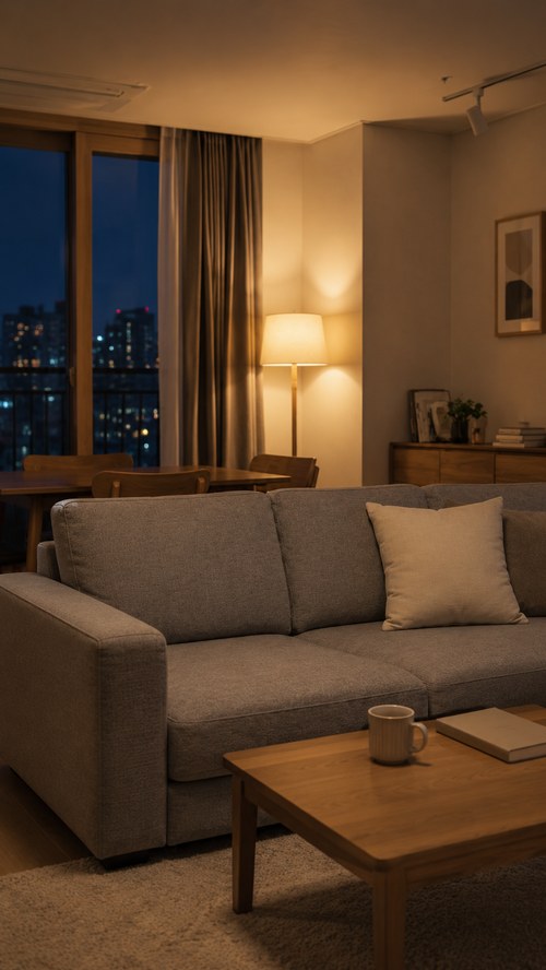 AI로 만든 거실 배경 이미지, 인물 없이 장소만 담긴 세로 화면