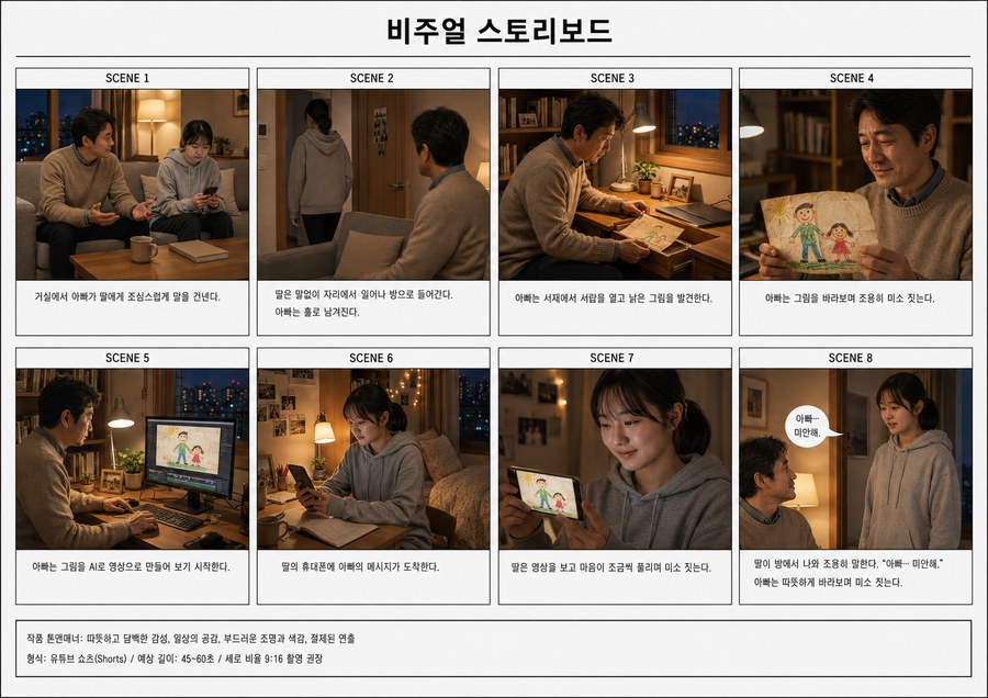 챗GPT가 만든 8개 씬 비주얼 스토리보드, 각 컷마다 장면 설명이 적혀 있음