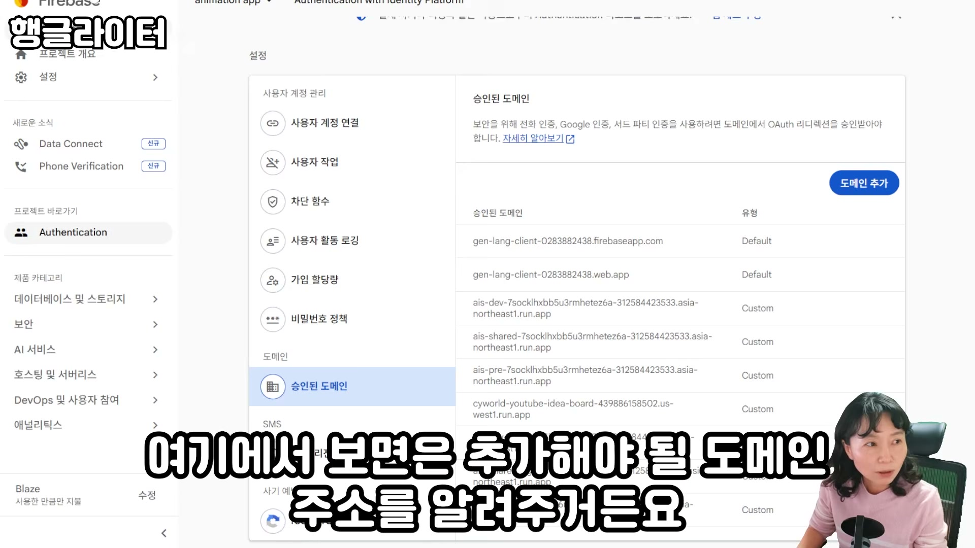 파이어베이스 승인된 도메인 설정 화면