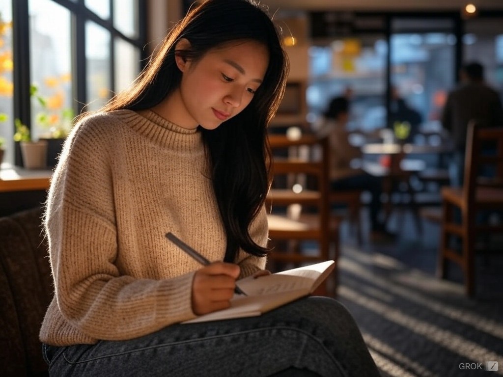 Grok2가 생성한 카페에서 글 쓰는 여성 이미지