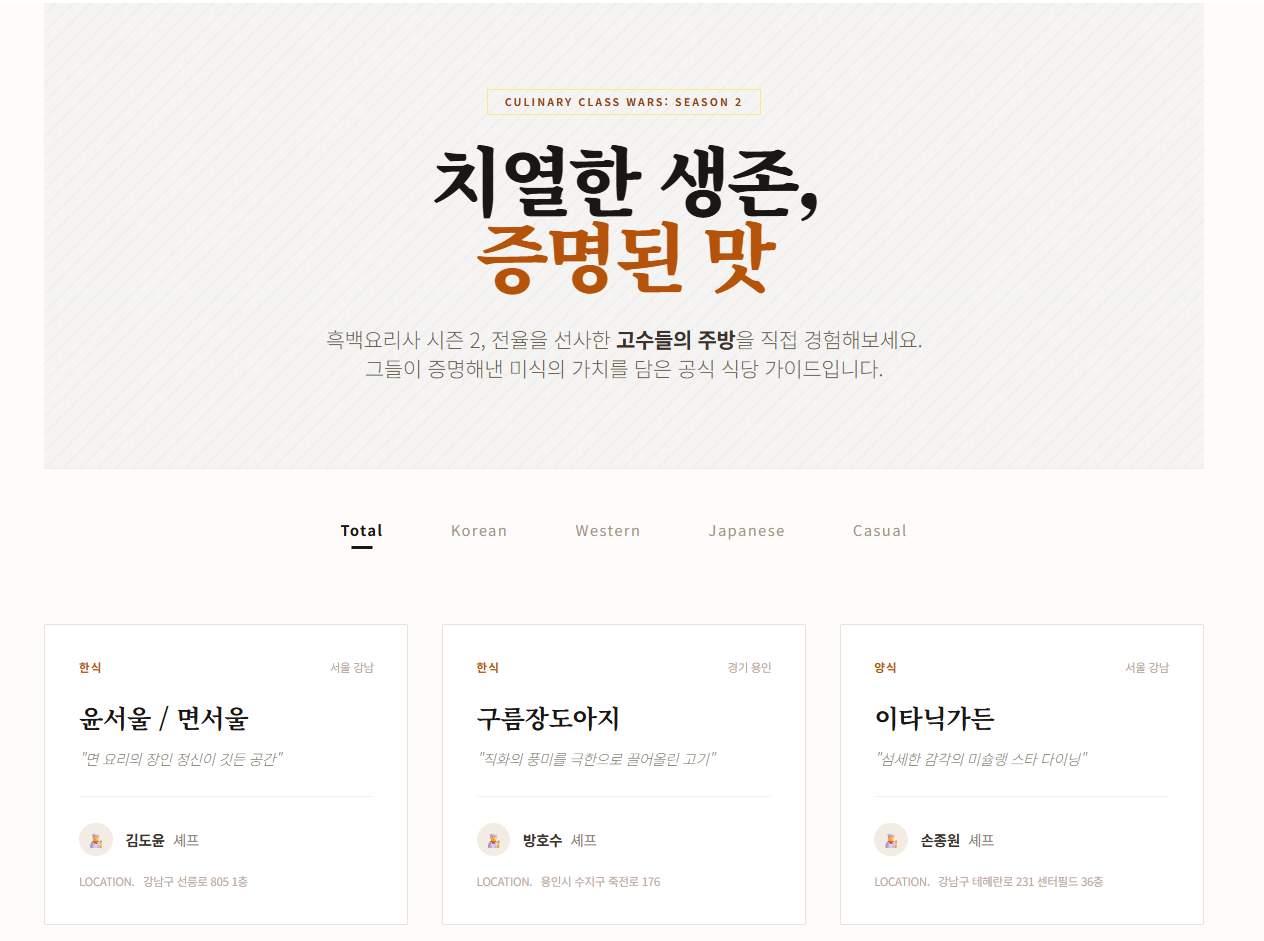장려상작 흑백요리사 시즌2 출연진 맛집리스트 - 셰프별 맛집을 분류한 가이드 앱